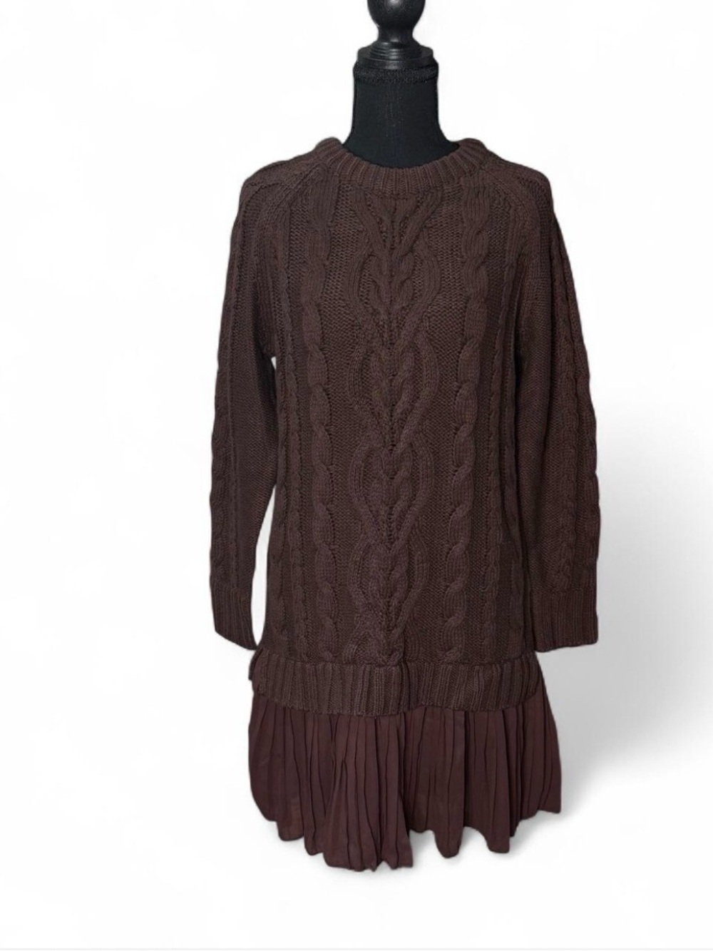 Cable Knit Brown Sweater Dress Pleated Chiffon Hem Mini Size XS NEW
